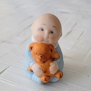Extra Special Vintage 1984 Ceramic Baby with Teddy Bear 2.5" x 2"